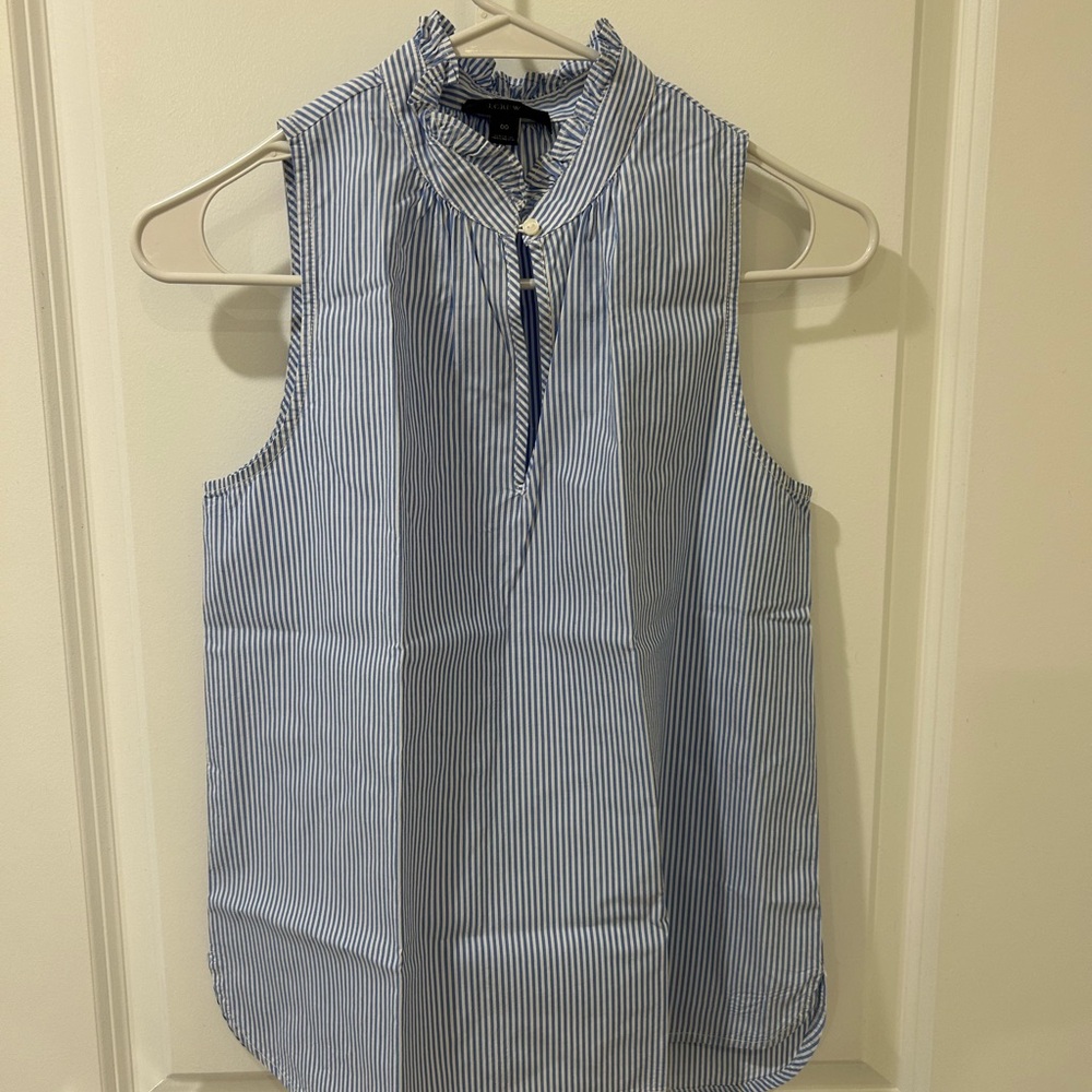 J. Crew Blue and White Striped Ruffle Blouse